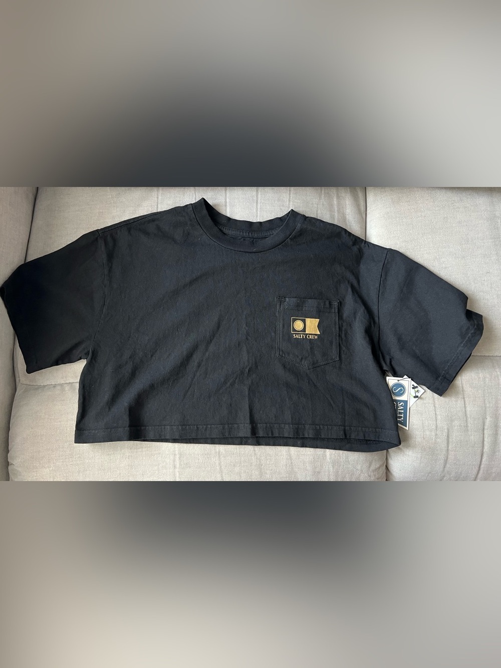 Salty Crew Women's Black Cropped Tee with Black and Gold Logo Size XS NWT